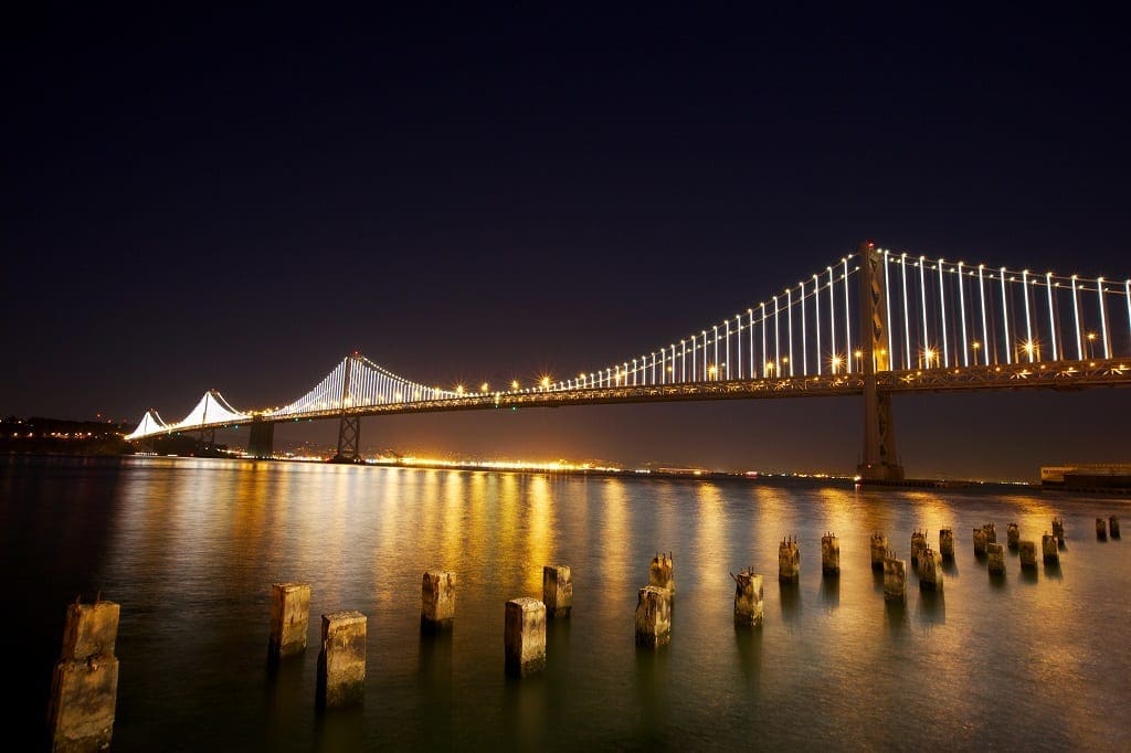 San Francisco Bay lights reflecting over the water