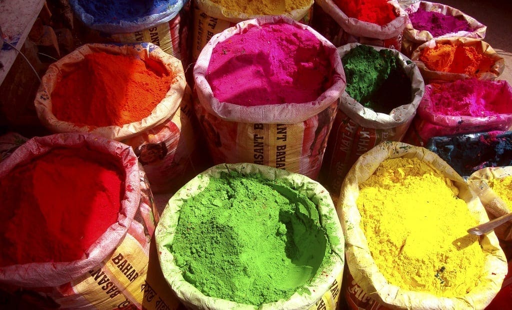 Coloured powders at Mysore market, India