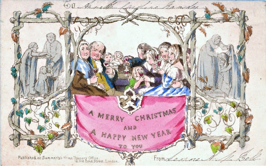 World's first commercially produced Christmas card, designed by John Calcott Horsley RA upon request by Sir Henry Cole. Lithographed and hand-coloured.