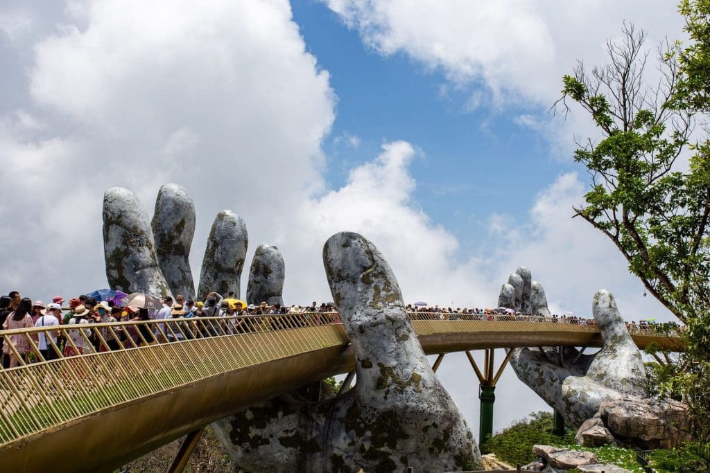 The crowded Golden Bridge at Ba Na Hills