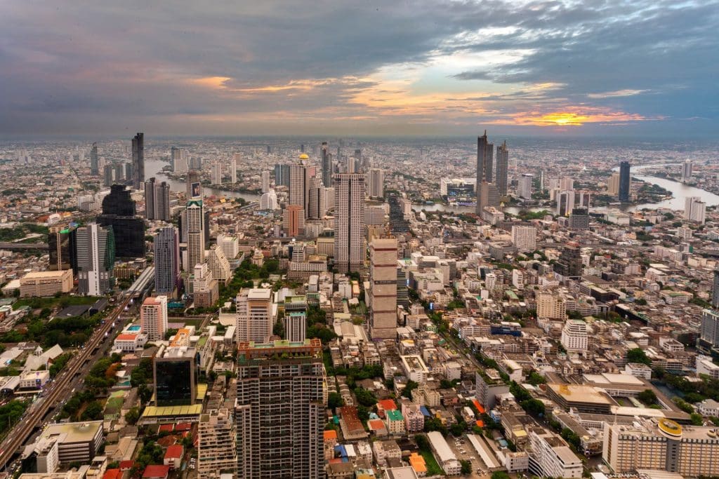 View over the Chao Phraya river at sunset from the MahaNakhon Tower