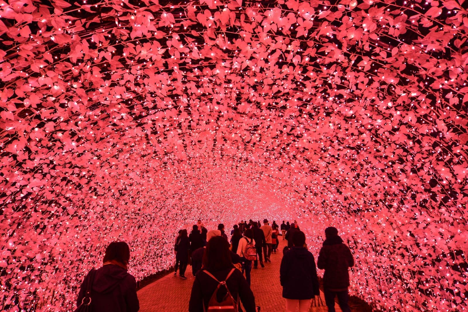 Nagoya, Japan - Mar 16, 2018. Giant led light tunnel in Nabana No Sato Park.