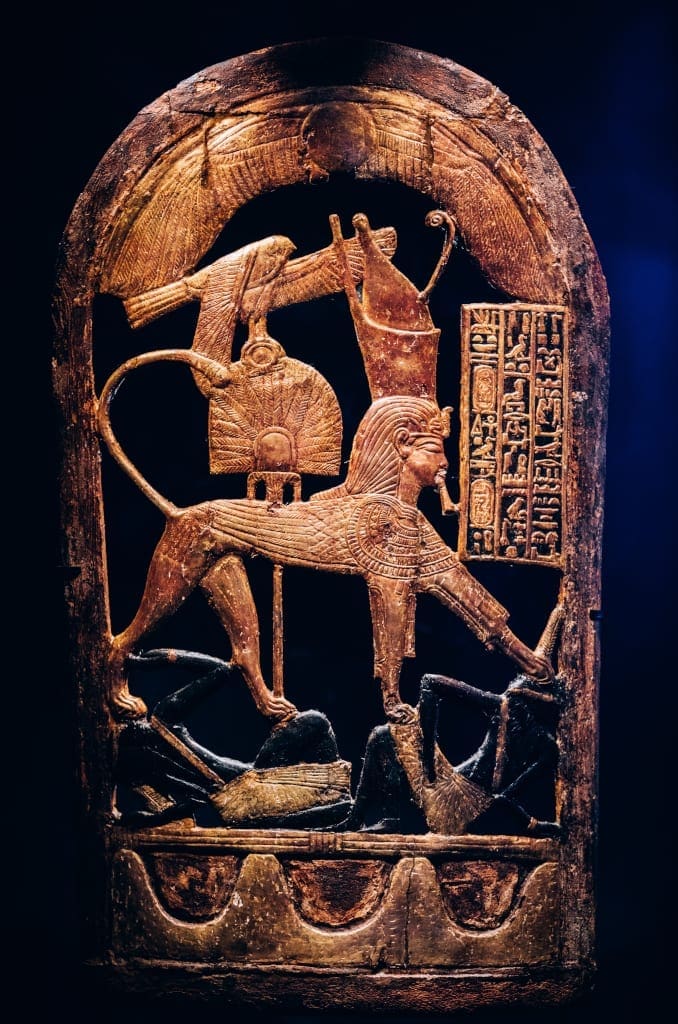 Wooden Ceremonial Shield with King as Sphinx Trampling on Nubian Enemies - CREDIT IMG