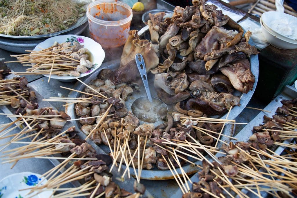 Pork sticks street food in Mandalay Myanmar