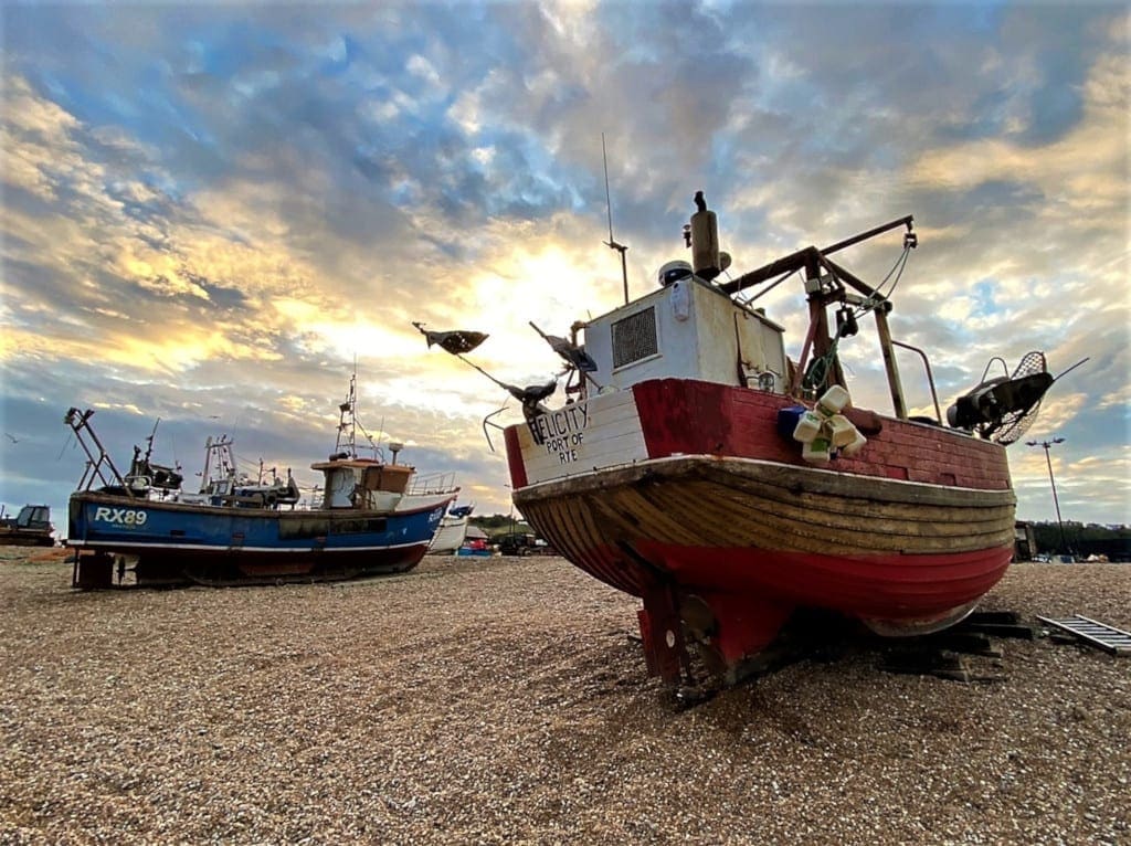 Fishing boat on Hastings Stade at sunset