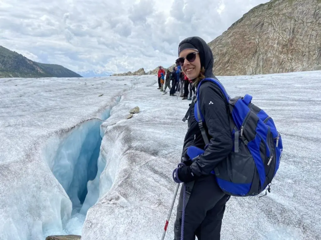 Jasmine leading the way across the Aletsch Glacier