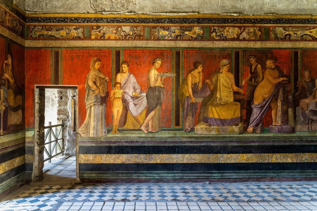 The frescoes of Villa dei Misteri (Villa of the Mysteries), an ancient Roman villa at Pompeii ancient city, Italy