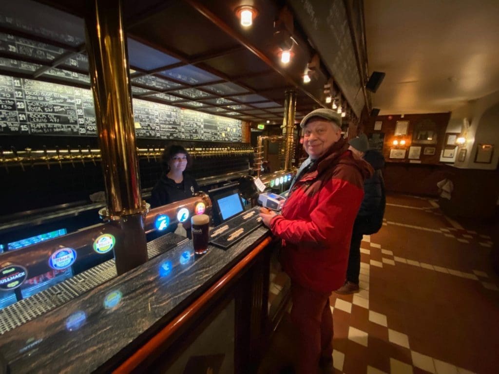 Stan ordering a beer at Ølhallen, ale hall, Mack Brewery