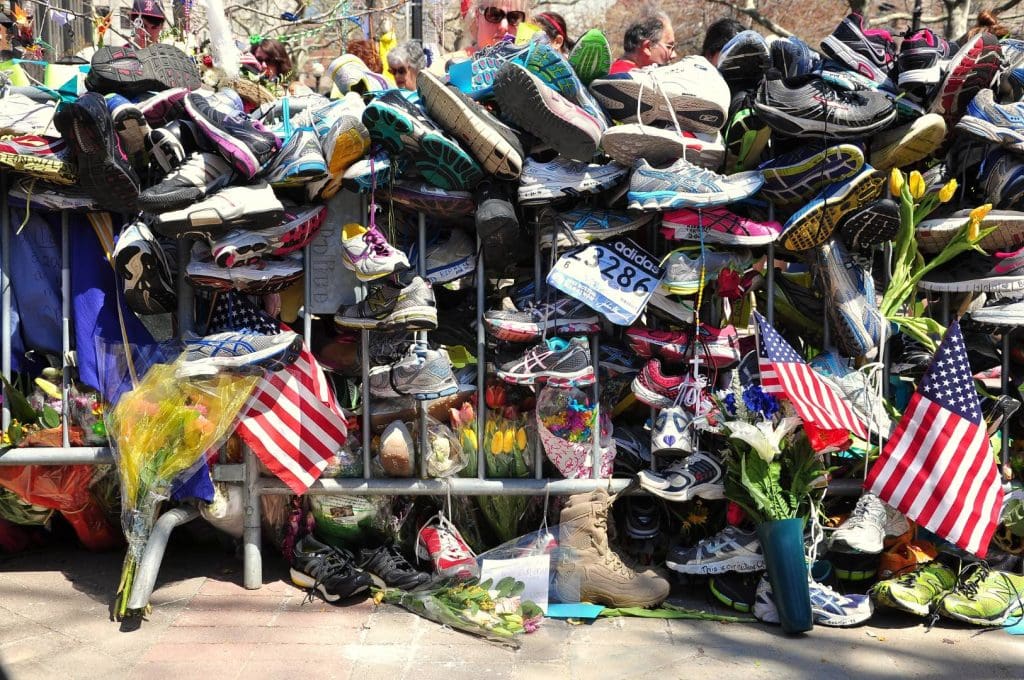 Makeshift memorial for victims of the Boston Marathon Bombing in 2013