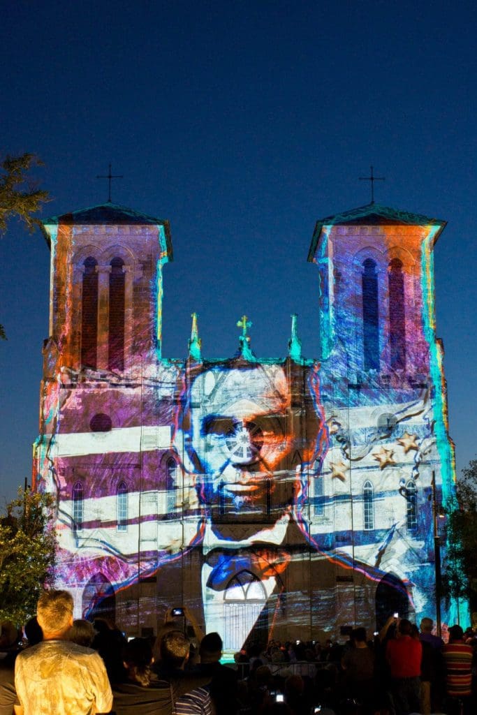 San Fernando Cathedral lightshow is by artist Xavier de Richemont, photo David Gonzalez