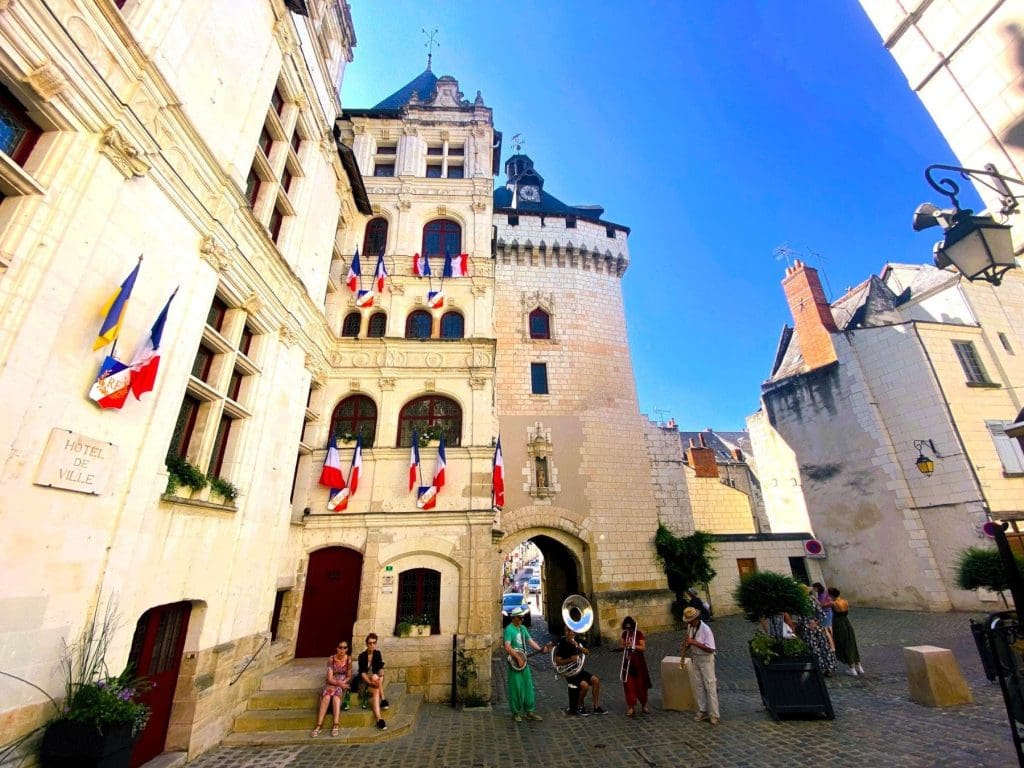 A band plays Dixieland jazz next to the town hall in Loches, Loire