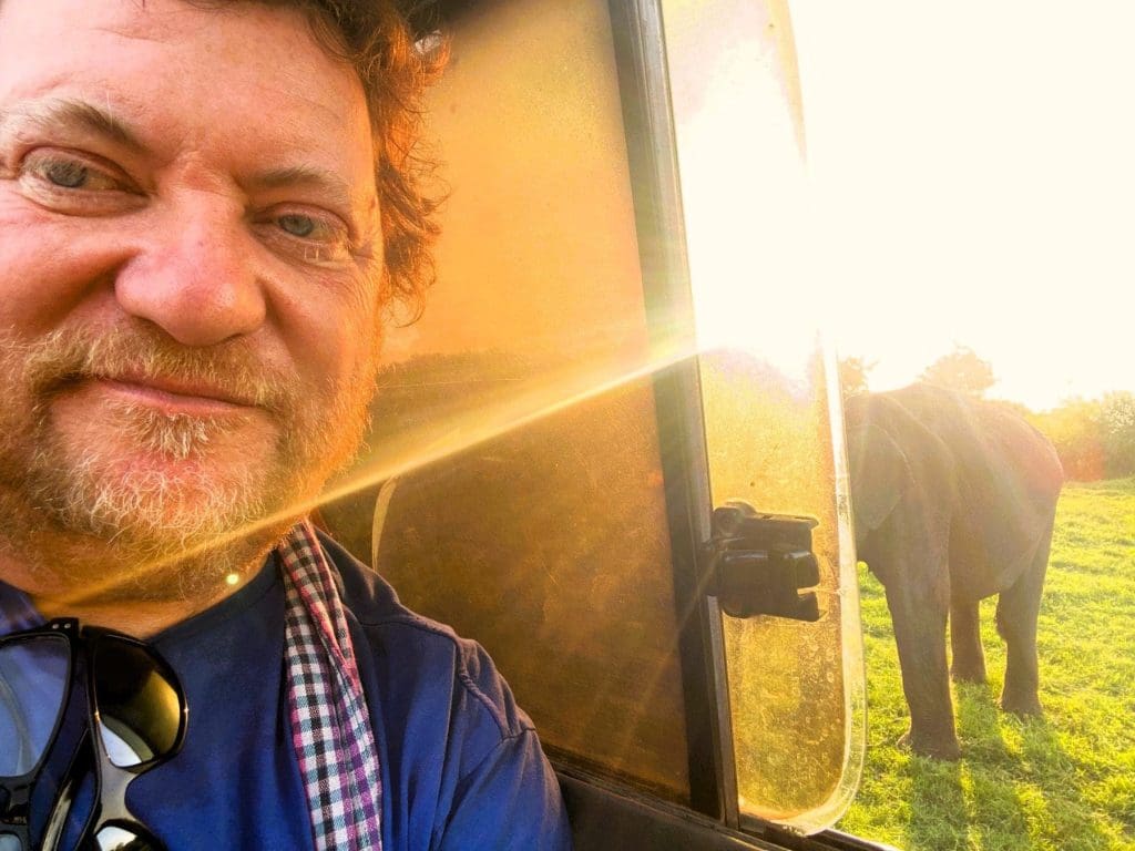 Mark on his elephant safari in Minneriya National Park