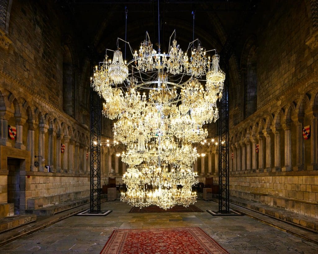 Illuminated Bottle Rack, Ai Weiwei. Lumiere 2023, produced by Artichoke. Durham Cathedral