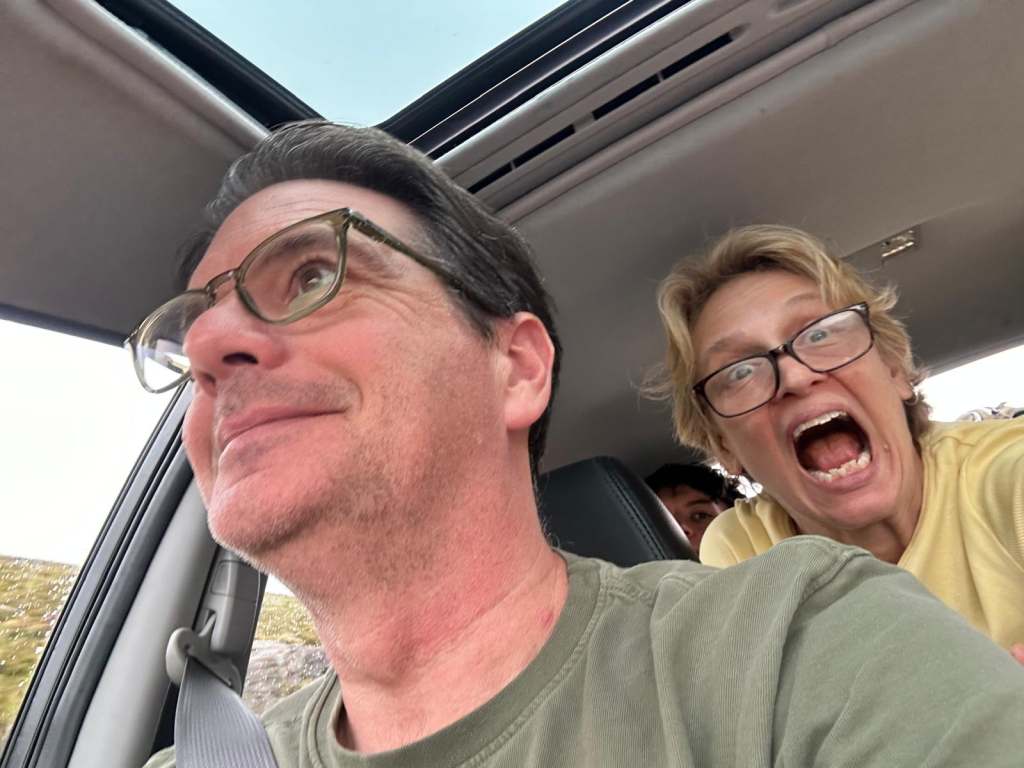 Lesley supporting Shawn driving on the wrong side of the road on our skye road trip