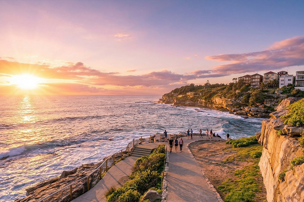 Bondi to Coogee coastal walk trail along Sydney’s eastern coastline with ocean views, rocky cliffs and people walking at sunset