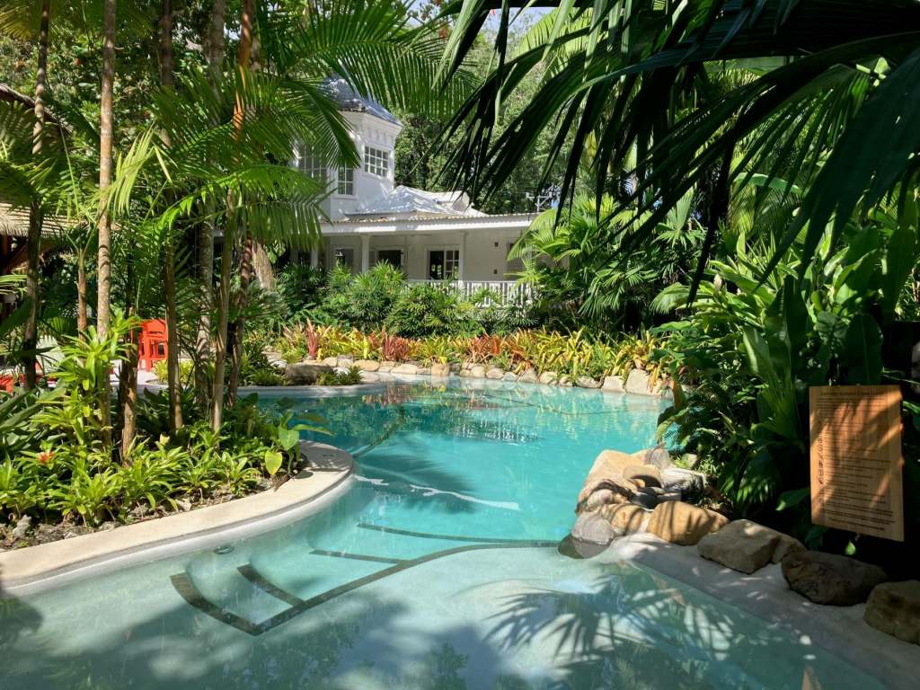 Pool and restaurant area at Hotel Aguas Claras Costa Rica’s Caribbean Coast
