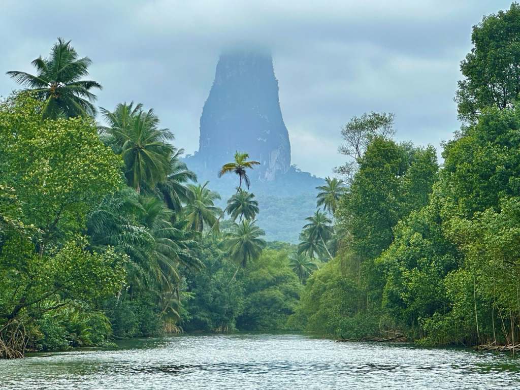 Pico Cão Grande rises behind Praia Grande