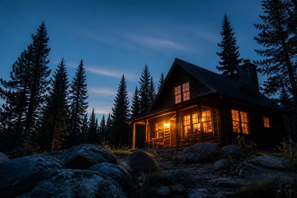 cozy cabin illuminated in forest twilight setting